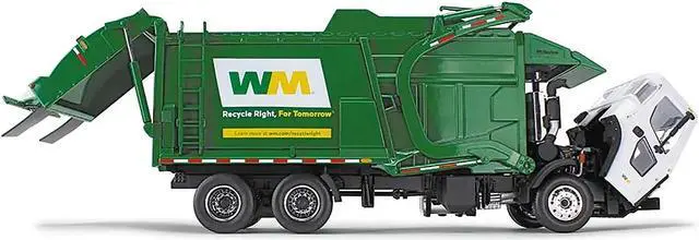 Alt view image 3 of 6 - Mack LR "Waste Management" Refuse Garbage Truck w/Front Loader White and Green w/Trash Bin 1/34 Diecast Model by First Gear