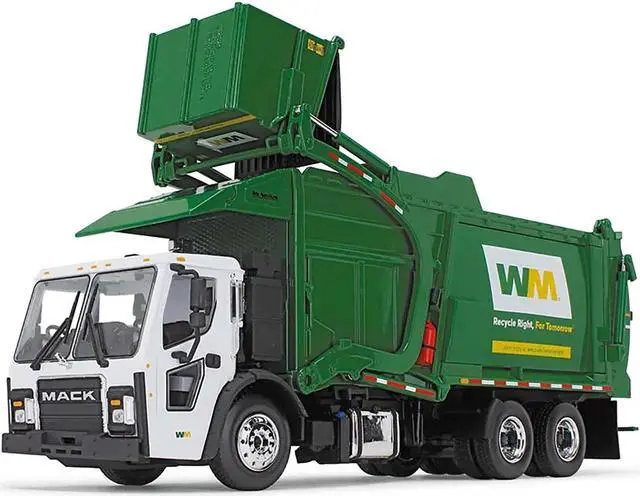Alt view image 2 of 6 - Mack LR "Waste Management" Refuse Garbage Truck w/Front Loader White and Green w/Trash Bin 1/34 Diecast Model by First Gear