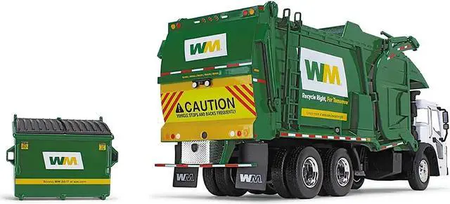 Alt view image 4 of 6 - Mack LR "Waste Management" Refuse Garbage Truck w/Front Loader White and Green w/Trash Bin 1/34 Diecast Model by First Gear