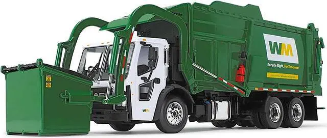 Alt view image 5 of 6 - Mack LR "Waste Management" Refuse Garbage Truck w/Front Loader White and Green w/Trash Bin 1/34 Diecast Model by First Gear