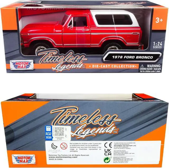 Alt view image 3 of 3 - 1978 Ford Bronco Custom Red and White "Timeless Legends" Series 1/24 Diecast Model Car by Motormax