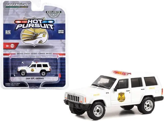 Main image of 2000 Jeep Cherokee White "US Secret Service Police" Washington DC "Hot Pursuit" Special Ed 1/64 Diecast Model Car by Greenlight