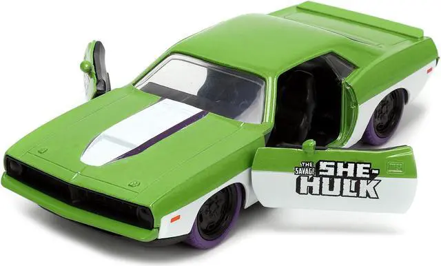 Alt view image 2 of 11 - 1973 Plymouth Barracuda Green Metallic and White & She-Hulk Diecast Figure "The Savage She-Hulk" 1/32 Diecast Model Car by Jada