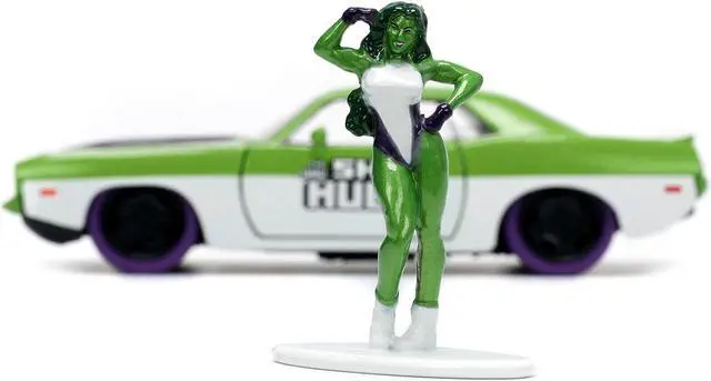 Alt view image 6 of 11 - 1973 Plymouth Barracuda Green Metallic and White & She-Hulk Diecast Figure "The Savage She-Hulk" 1/32 Diecast Model Car by Jada