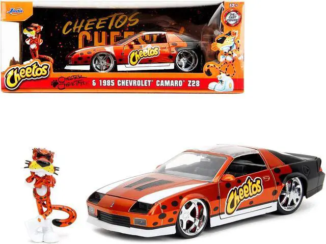 Main image of 1985 Chevrolet Camaro Z/28 Orange Metallic w/Graphics & Chester Cheetah Diecast Figure "Cheetos" 1/24 Diecast Model Car by Jada