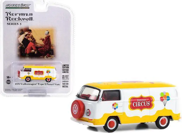 Main image of 1971 Volkswagen Type 2 Panel Van Yellow and White with Red Interior "Percevel Circus" 1/64 Diecast Model Car by Greenlight