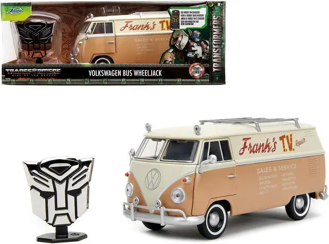 Main image of Volkswagen Bus "WheelJack" Tan & Beige "Frank's TV Repair" & Logo Statue Transformers 2023 Movie 1/24 Diecast Model Car by Jada