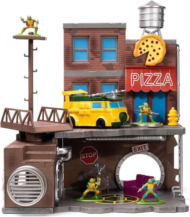 Alt view image 2 of 6 - "Teenage Mutant Ninja Turtles" Turtle Lair Diorama Set with Figures and Party Wagon "Nano Scene" Series Model by Jada