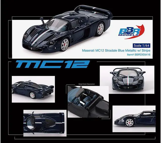 Alt view image 3 of 3 - Maserati MC12 Stradale Blue Metallic with White Stripe 1/64 Die Cast Model Car by BBR