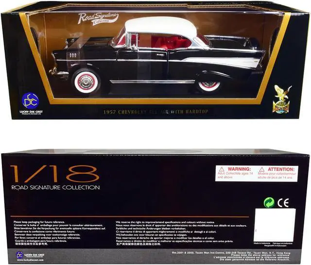 Alt view image 3 of 3 - 1957 Chevrolet Bel Air Hardtop Black with White Top and Red Interior 1/18 Diecast Model Car by Road Signature