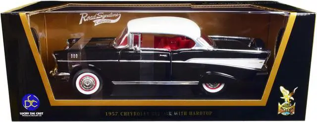Main image of 1957 Chevrolet Bel Air Hardtop Black with White Top and Red Interior 1/18 Diecast Model Car by Road Signature
