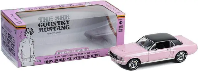 Alt view image 3 of 5 - 1967 Ford Mustang Coupe Evening Orchid Pink Metallic with Black Top "She Country Special " 1/18 Diecast Model Car by Greenlight