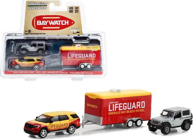 Main image of 2016 Ford Explorer Yellow & Red w/2013 Jeep Wrangler Rubicon Gray & Hauler "Baywatch" 2017 1/64 Diecast Model Cars by Greenlight