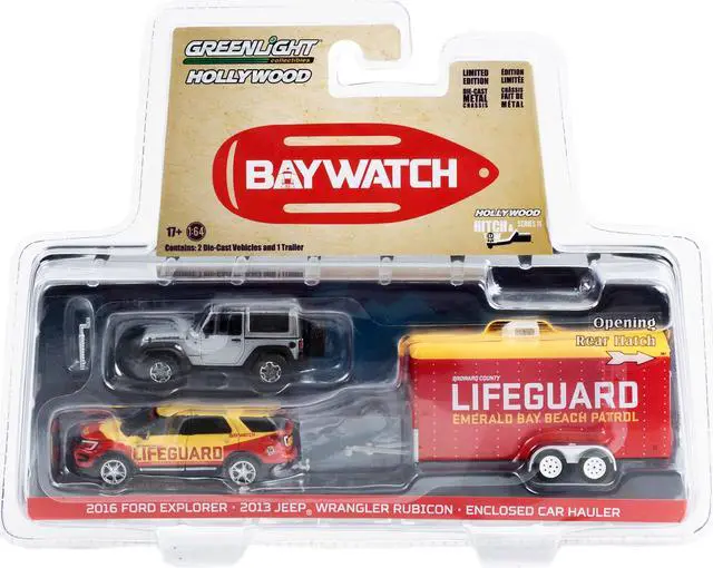 Alt view image 3 of 3 - 2016 Ford Explorer Yellow & Red w/2013 Jeep Wrangler Rubicon Gray & Hauler "Baywatch" 2017 1/64 Diecast Model Cars by Greenlight