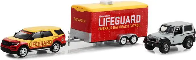 Alt view image 2 of 3 - 2016 Ford Explorer Yellow & Red w/2013 Jeep Wrangler Rubicon Gray & Hauler "Baywatch" 2017 1/64 Diecast Model Cars by Greenlight