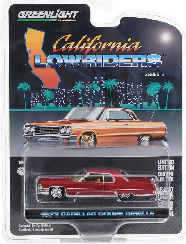 Alt view image 3 of 3 - 1973 Cadillac Coupe deVille Lowrider Custom Maroon "California Lowriders" Series 3 1/64 Diecast Model Car by Greenlight