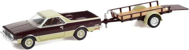 Alt view image 2 of 3 - 1984 Chevrolet El Camino Conquista Maroon Met. & Beige w/Utility Trailer "Hitch & Tow" 1/64 Diecast Model Car by Greenlight
