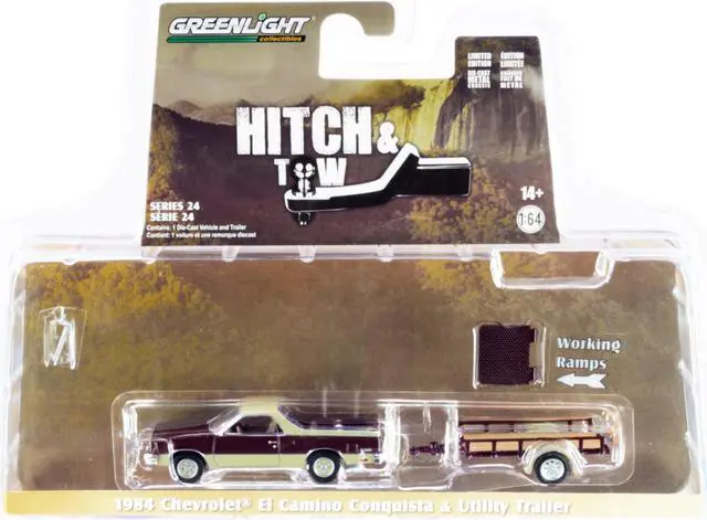 Alt view image 3 of 3 - 1984 Chevrolet El Camino Conquista Maroon Met. & Beige w/Utility Trailer "Hitch & Tow" 1/64 Diecast Model Car by Greenlight