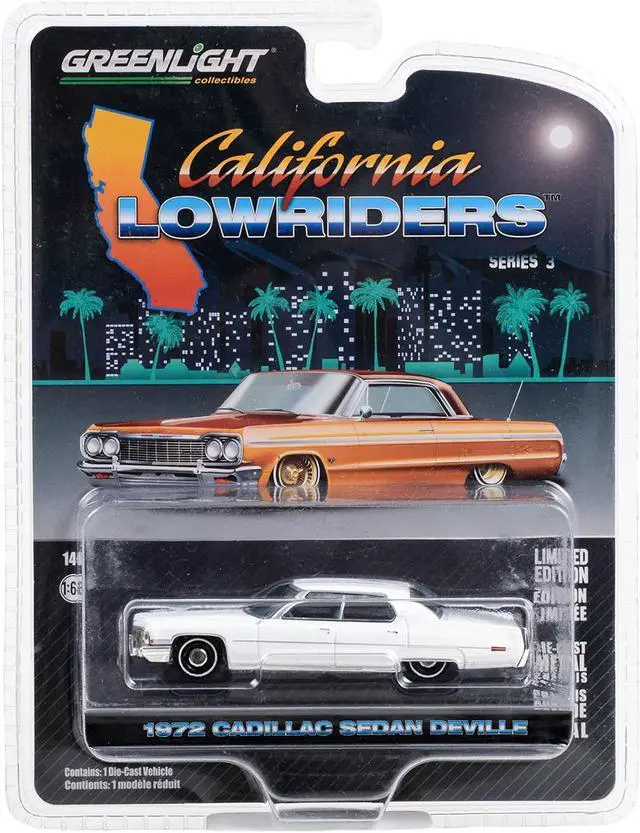 Alt view image 3 of 3 - 1972 Cadillac Sedan deVille Lowrider Cotillion White with Blue Interior 1/64 Diecast Model Car by Greenlight