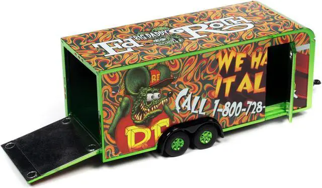Alt view image 2 of 3 - 4-Wheel Enclosed Car Trailer Green with Graphics "Rat Fink: We Haul it All!" 1/64 Diecast Model by Auto World