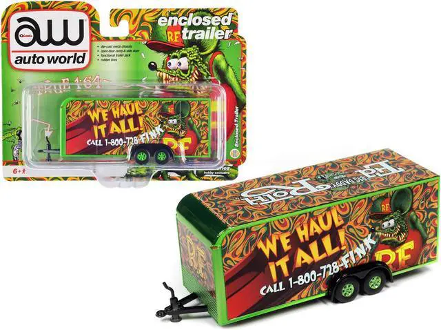 Main image of 4-Wheel Enclosed Car Trailer Green with Graphics "Rat Fink: We Haul it All!" 1/64 Diecast Model by Auto World