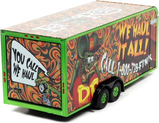 Alt view image 3 of 3 - 4-Wheel Enclosed Car Trailer Green with Graphics "Rat Fink: We Haul it All!" 1/64 Diecast Model by Auto World