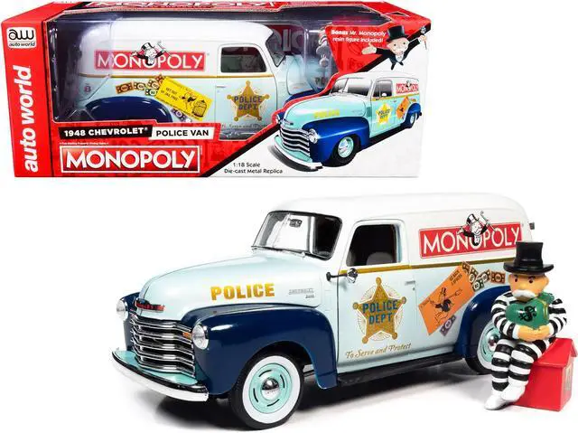 Main image of 1948 Chevrolet Panel Police Van with Mr. Monopoly Figurine "Monopoly" 1/18 Diecast Model Car by Auto World