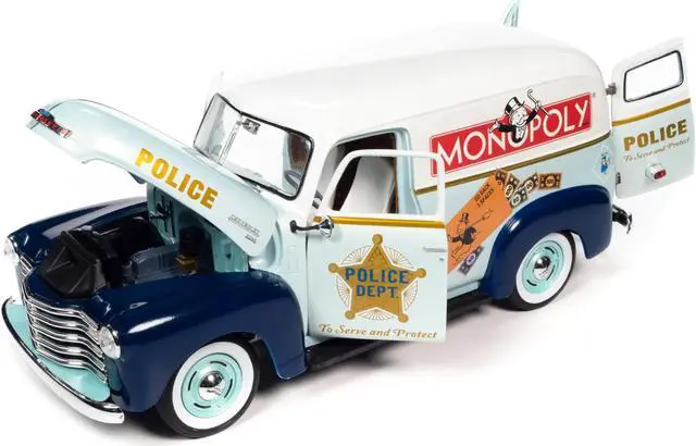 Alt view image 2 of 6 - 1948 Chevrolet Panel Police Van with Mr. Monopoly Figurine "Monopoly" 1/18 Diecast Model Car by Auto World
