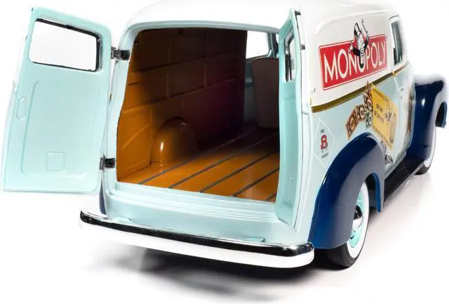 Alt view image 4 of 6 - 1948 Chevrolet Panel Police Van with Mr. Monopoly Figurine "Monopoly" 1/18 Diecast Model Car by Auto World