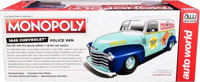 Alt view image 6 of 6 - 1948 Chevrolet Panel Police Van with Mr. Monopoly Figurine "Monopoly" 1/18 Diecast Model Car by Auto World