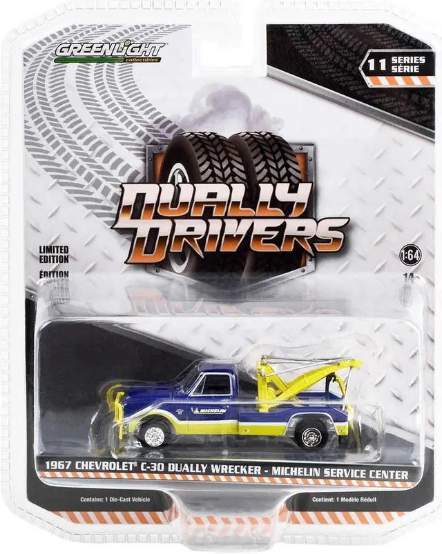 Alt view image 3 of 3 - 1967 Chevrolet C-30 Dually Wrecker Tow Truck "Michelin Service Center" Blue and Yellow 1/64 Diecast Model Car by Greenlight