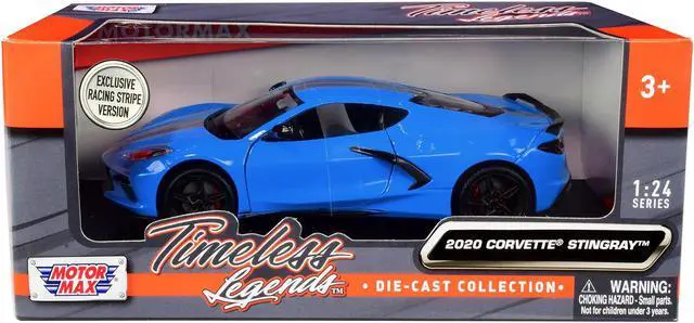 Main image of 2020 Chevrolet Corvette C8 Stingray Blue with Silver Racing Stripes "Timeless Legends" 1/24 Diecast Model Car by Motormax