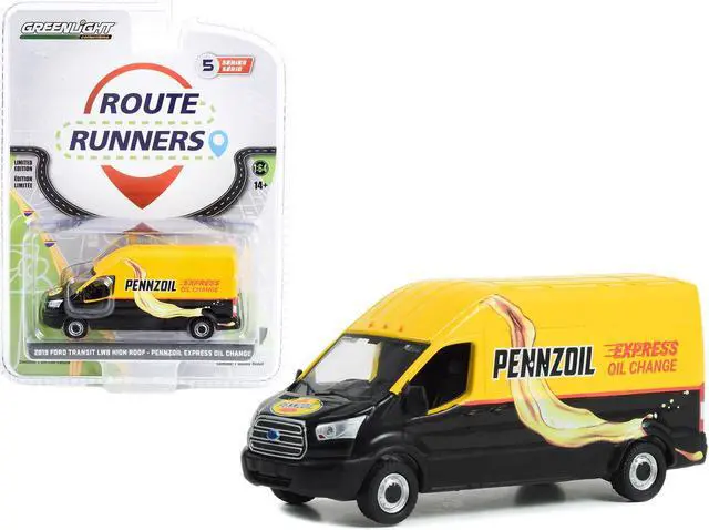 Main image of 2019 Ford Transit LWB High Roof Van "Pennzoil Express Oil Change" Yellow & Black 1/64 Diecast Model Car by Greenlight