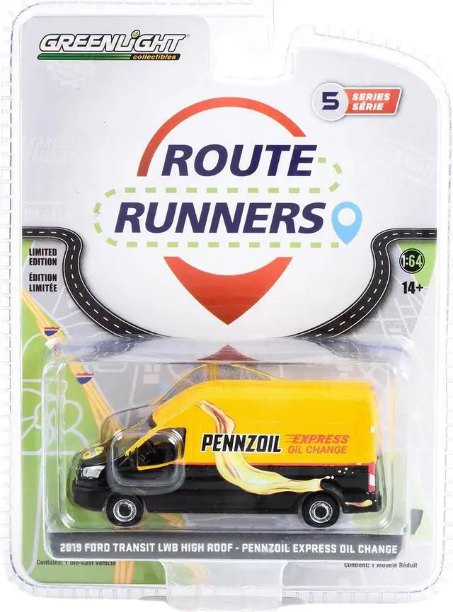 Alt view image 3 of 3 - 2019 Ford Transit LWB High Roof Van "Pennzoil Express Oil Change" Yellow & Black 1/64 Diecast Model Car by Greenlight