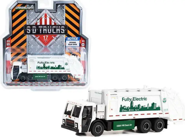 Main image of 2021 Mack LR Electric Rear Loader Refuse Truck White NYC Dept of Sanitation Fully Electric 1/64 Diecast Model Car by Greenlight