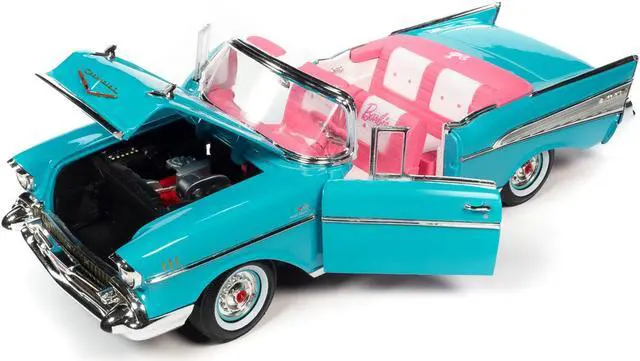 Alt view image 2 of 6 - 1957 Chevrolet Bel Air Convertible Aqua Blue w/Pink Interior Barbie Silver Screen Machines 1/18 Diecast Model Car by Auto World
