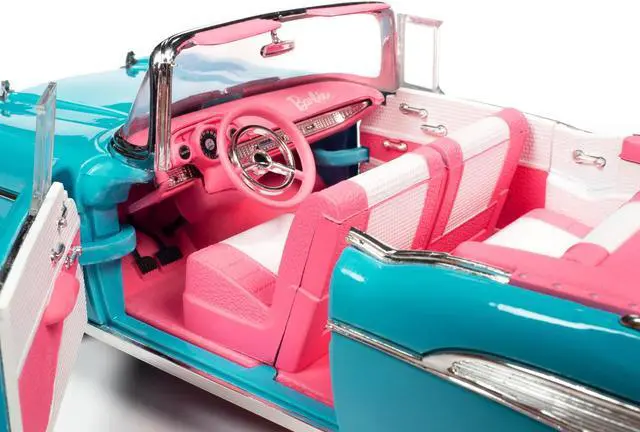 Alt view image 4 of 6 - 1957 Chevrolet Bel Air Convertible Aqua Blue w/Pink Interior Barbie Silver Screen Machines 1/18 Diecast Model Car by Auto World