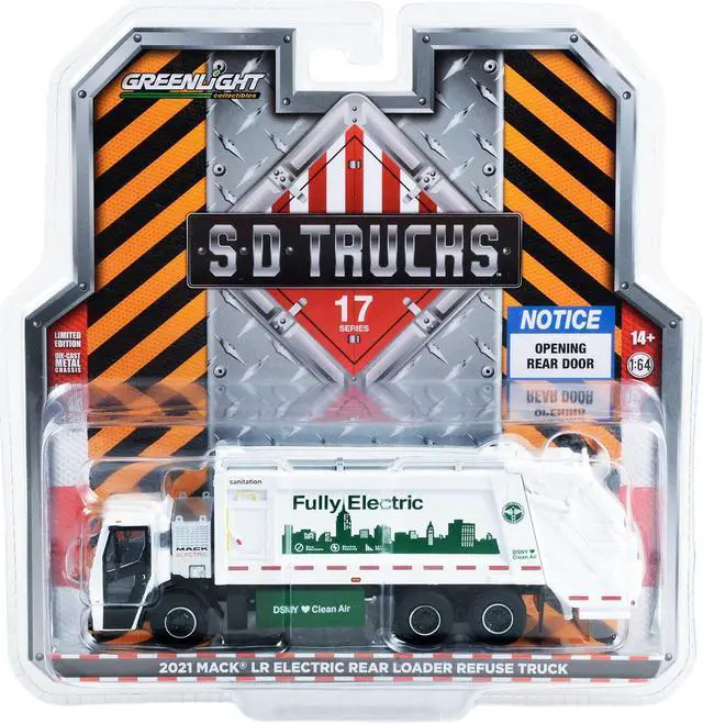 Alt view image 3 of 3 - 2021 Mack LR Electric Rear Loader Refuse Truck White NYC Dept of Sanitation Fully Electric 1/64 Diecast Model Car by Greenlight