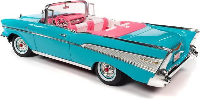 Alt view image 5 of 6 - 1957 Chevrolet Bel Air Convertible Aqua Blue w/Pink Interior Barbie Silver Screen Machines 1/18 Diecast Model Car by Auto World