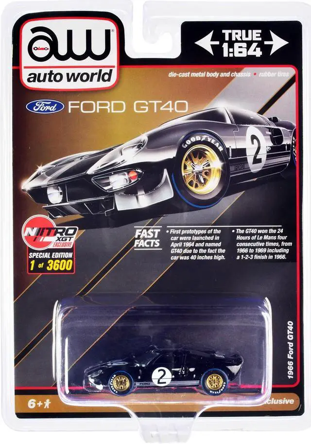 Main image of 1966 Ford GT40 RHD #2 Black with Silver Stripes Limited Edition to 3600 pieces Worldwide 1/64 Diecast Model Car by Auto World