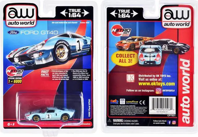 Alt view image 3 of 3 - 1966 Ford GT40 RHD #1 Light Blue with Stripes Limited Edition to 6000 pieces Worldwide 1/64 Diecast Model Car by Auto World