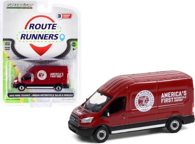 Main image of 2015 Ford Transit LWB High Roof Van Burgundy "Indian Motorcycle Sales & Service" Route Runners 1/64 Diecast Model by Greenlight
