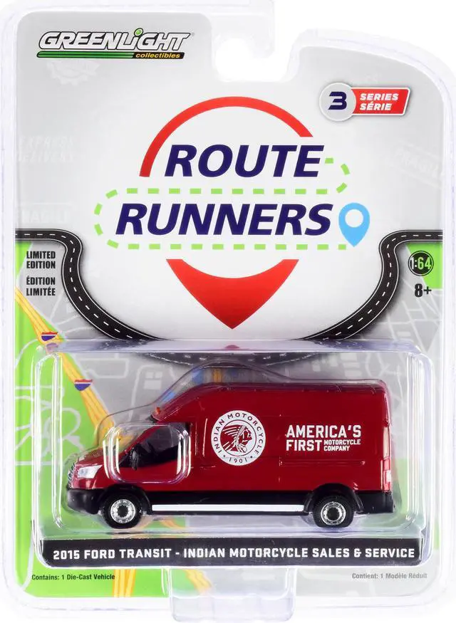 Alt view image 3 of 3 - 2015 Ford Transit LWB High Roof Van Burgundy "Indian Motorcycle Sales & Service" Route Runners 1/64 Diecast Model by Greenlight