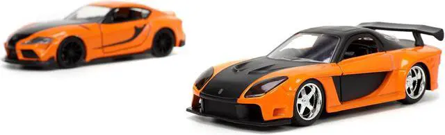 Alt view image 2 of 11 - Han's Mazda RX-7 Orange Met. & Matt Black & Toyota GR Supra Orange Met. w/Black Hood Set of 2 pcs 1/32 Diecast Model Cars Jada