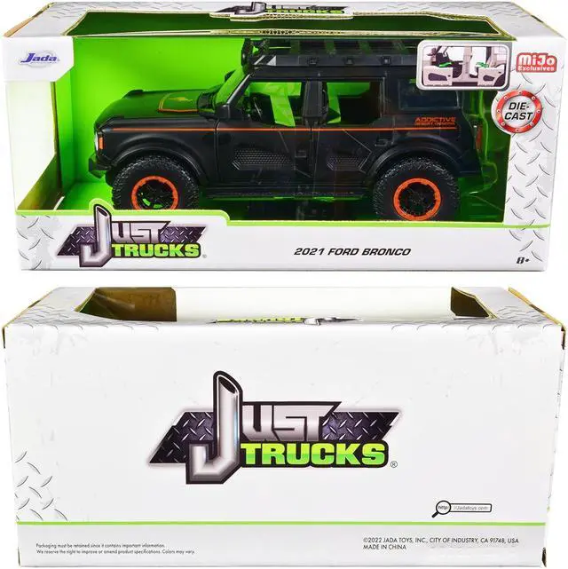 Alt view image 3 of 4 - 2021 Ford Bronco Matt Black with Orange Stripes and Roof Rack "Addictive Desert Designs" 1/24 Diecast Model Car by Jada