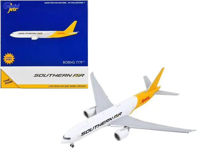 Main image of Boeing 777F Commercial Aircraft with Flaps Down "Southern Air - DHL" White and Yellow 1/400 Diecast Model Airplane by GeminiJets