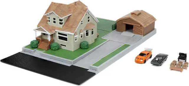 Alt view image 2 of 6 - Toretto House Diorama with Dodge Charger Black and Toyota Supra Orange w/Graphics "Fast and Furious" "Nano Scene" Models by Jada