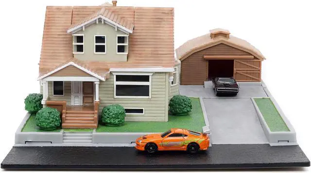 Alt view image 3 of 6 - Toretto House Diorama with Dodge Charger Black and Toyota Supra Orange w/Graphics "Fast and Furious" "Nano Scene" Models by Jada