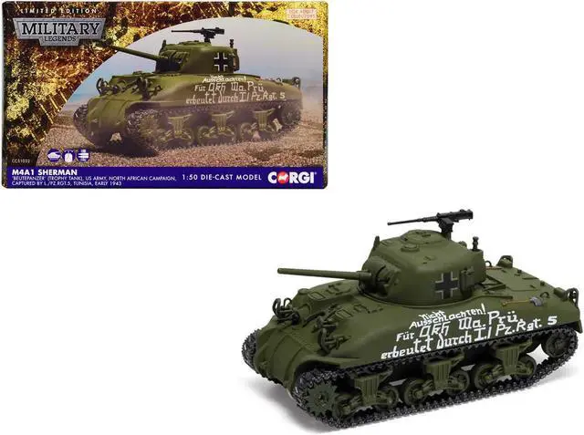 Main image of M4A1 Sherman Medium Tank "BeutePanzer, US, North African Campaign, Captured by Tunisia" German Army 1/50 Diecast Model by Corgi