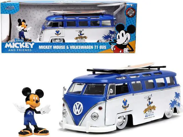 Main image of Volkswagen T1 Bus Blue and White with Graphics and Mickey Mouse Diecast Figure and Surfboard 1/24 Diecast Model Car by Jada
